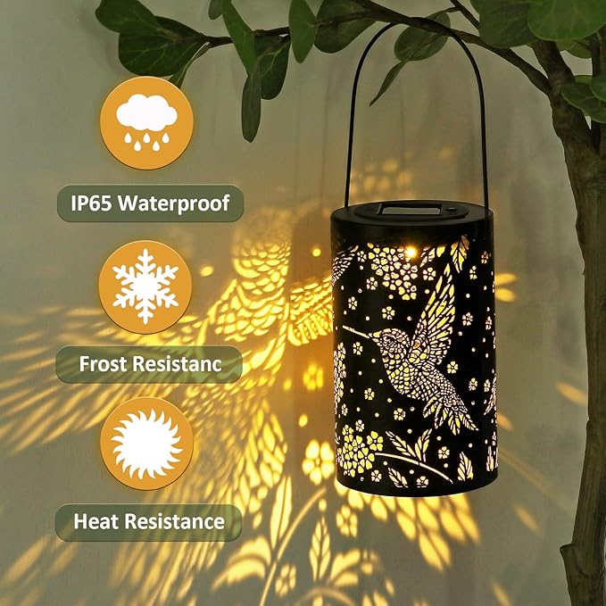 Hummingbird Solar Lantern Outdoor Hanging Waterproof LED Lights, Metal Bird Garden Decor for Yard, Patio, Lawn, Porch, Backyard, Christmas, Birthday Gifts for Women, Mom, Grandma, Outdoor Decoration
