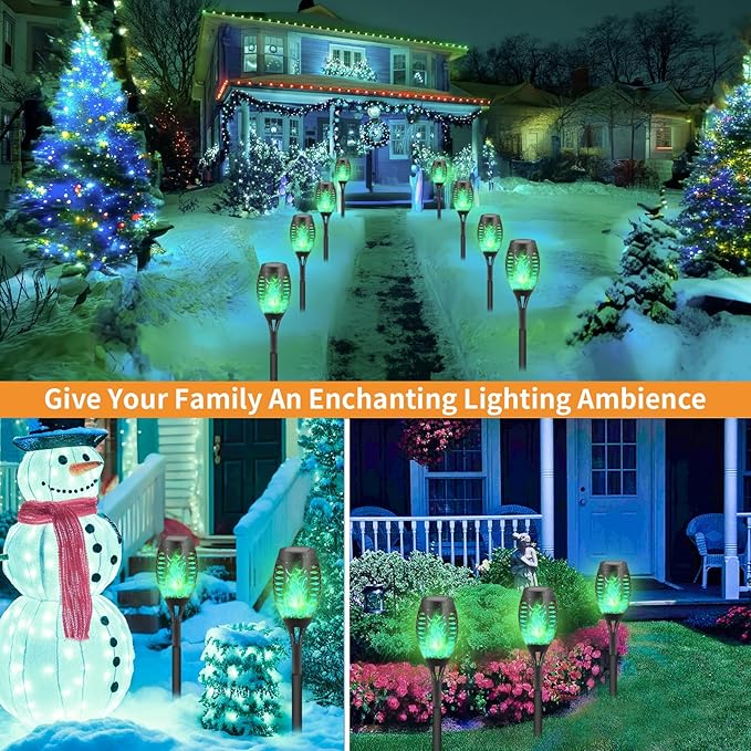8-Pack Green Solar Flickering Flame Torches – Waterproof Solar Garden Lights, Outdoor Solar Lights for Yards, and Flame Torches for Patio and Pathway Decorations