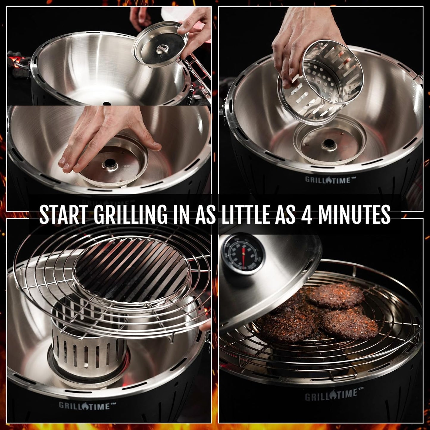 GrillTime Tailgater GT Hood Combo 13 Inch - Portable Charcoal Grill with Hood, Small Tabletop Grill for Tailgate Parties, Camping, Beach BBQ, Grey