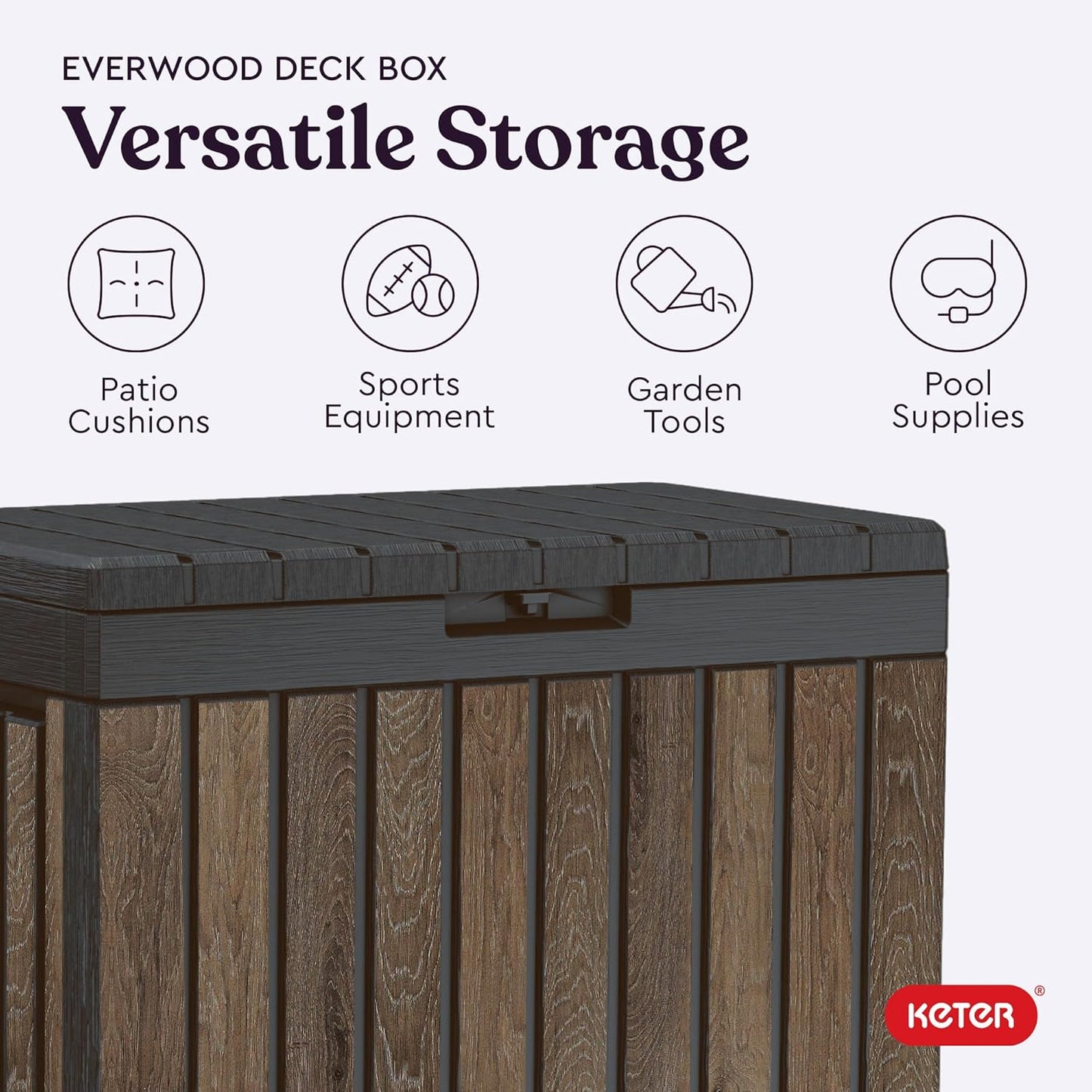 Keter Signature Everwood 50 Gallon Resin Outdoor Storage Box and Patio Furniture Side Table for Pool and Garden Accessories, Walnut