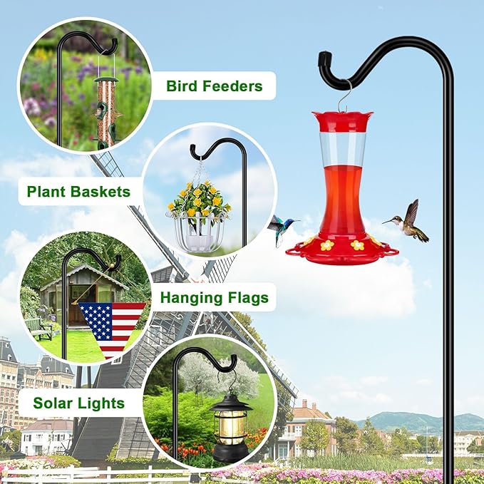FEED GARDEN Shepards Hooks for Outdoor Bird Feeder Pole 76 Inch Adjustable Tall Heavy Duty Shepherds Hooks for Hanging Plant Baskets, Solar Lights, Wedding Decor, Lanterns, Black (2 Pack)