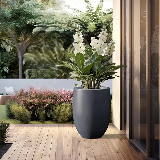 Kante 21.7" H Dark Gray Concrete Tall Planter, Large Outdoor Indoor Decorative Pot with Drainage Hole and Rubber Plug, Modern Round Style for Home and Garden