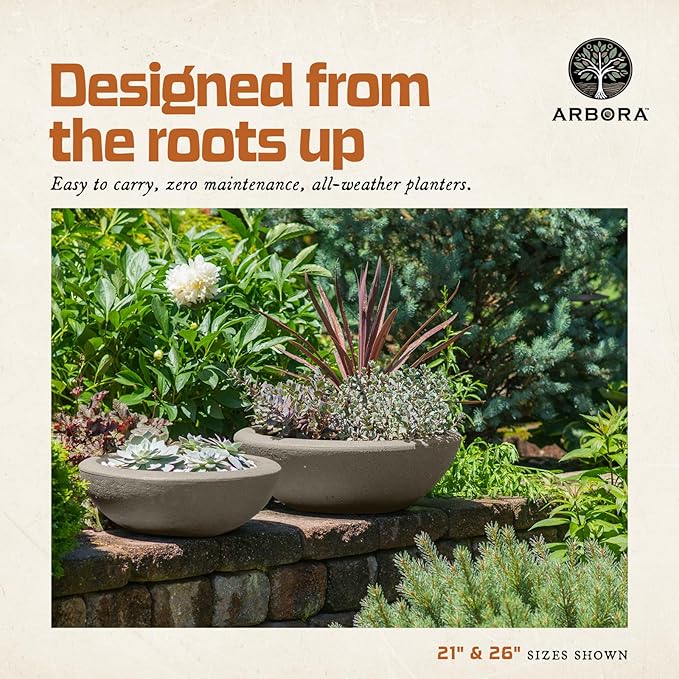 ARBORA 26" Santorini Bowl Polyresin Indoor and Outdoor Planter with Classic Cream Finish - Durable, Weatherproof, Lightweight, Large Plant Pot for Patio, Garden, Deck, Entryway