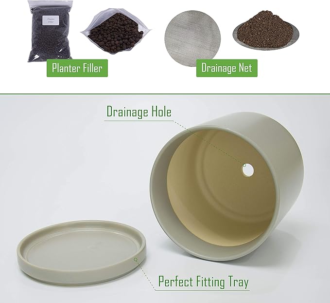 D'vine Dev 8 Inch & 10 Inch Ceramic Planter Pot for Plants with Drainage Hole and Saucer, Large Plant Pots Set, Grey, 94-G-L-3