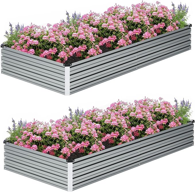2 Pcs 8×2×1FT Galvanized Raised Garden Bed，Metal Planting Box for Outdoor Vegetable, Herb,Planter Gardening (Silver)
