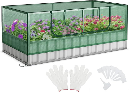 S AFSTAR Galvanized Raised Garden Bed with Greenhouse, 69” x 36” x 28” Bottomless Flower Bed w/Large Roll-up Window, 8PCS T Tags & Gloves, Outdoor Rectangular Planter Box Kit for Herb Vegetable Fruit