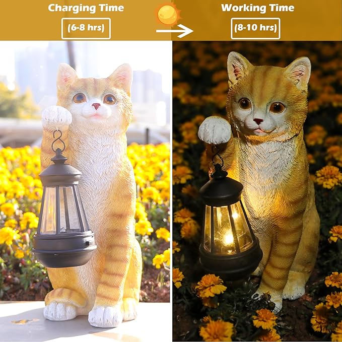 Cat Statues for Garden - Solar Powered Outdoor Cat Garden Statue, Crafted Garden Sculptures & Statues for Patio, Yard, Lawn, Gardening Gifts for Women and Mom(11" Cat)
