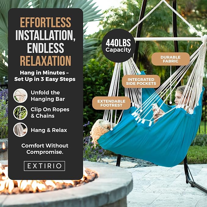 Hanging Hammock Chair Swing – Hanging Chair Outdoor & Indoor - Hammock Swing Chair – Quick & Easy Setup with Hardware Kit – Durable & Spacious Full Body Support – Holds 440 Lbs