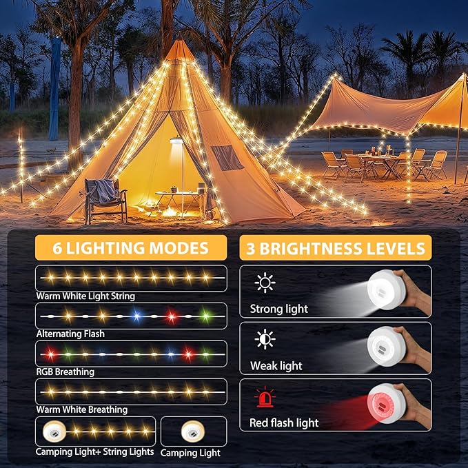 Camping String Lights, 4 in 1 Quick Storage 32.8FT Rechargeable Tent Lights with 9 Modes Hanging Waterproof Camp Lamp Camping Essentials for AwnTent Hiking Garden Bedroom Festival(Warm +RGB)-2Pack