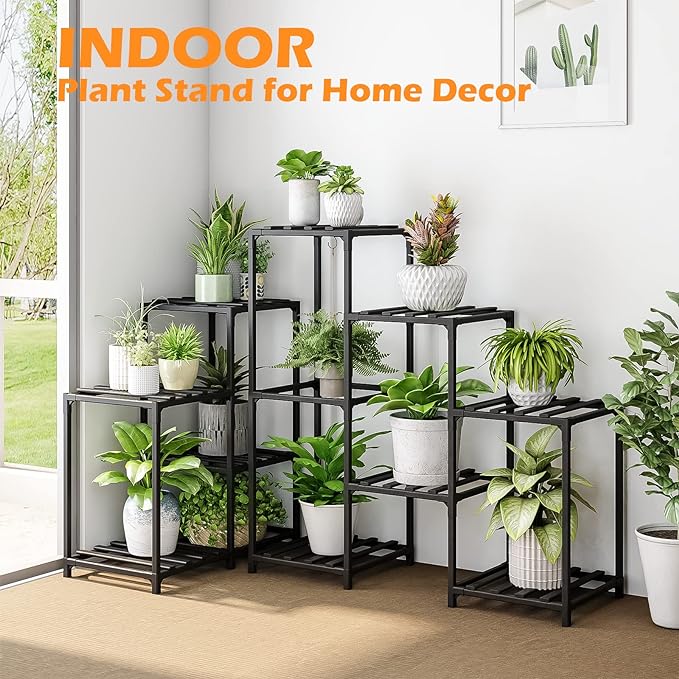 Bamworld Outdoor Plant Stand Indoor Black Corner Shelf 5-Tier 11 Potted Flower Shelves Wooden Garden Wood Plant Holder Rack for Living Room Lawn Window