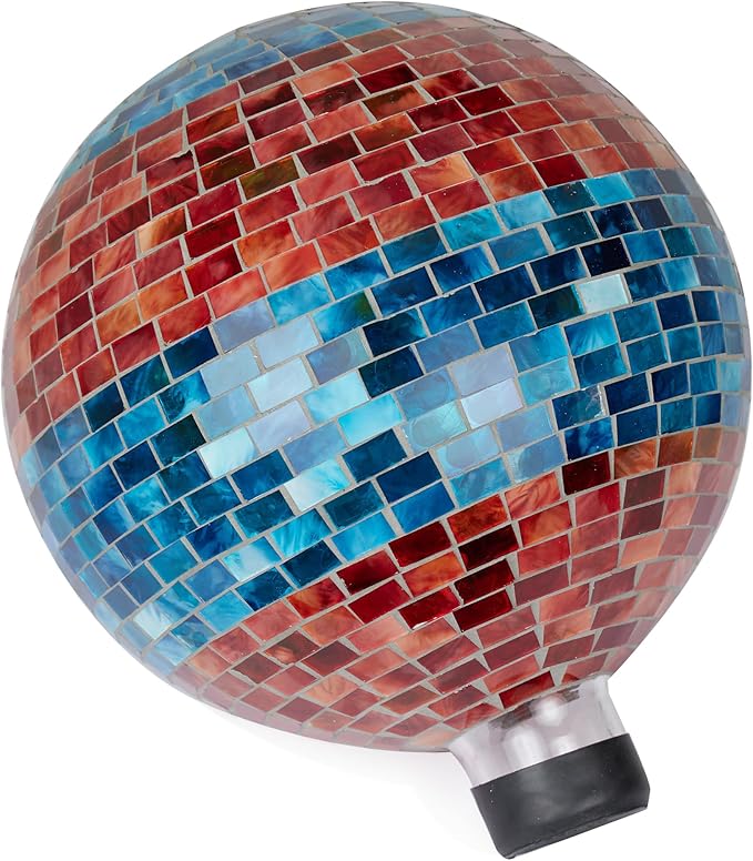 Alpine Corporation HGY292 Striped Mosaic Gazing Globe, Stylish Décor for Garden, Patio, & Lawn, 12" H, Orange and Turquoise