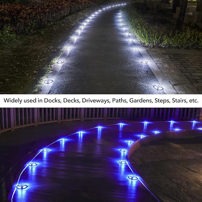 AGPTEK Solar Driveway Lights Outdoor 12 Pack, 2 Color Modes LED Deck Dock Marine Waterproof Security Marker Lights for Step Sidewalk Stair Garden Pathway Walkway Yard(Blue Light/Cool White)