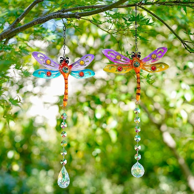 Crystal Dragonfly Suncatchers for Christmas, 2 Pack Dragonfly Sun Catcher for Windows Hanging, Stained Glass Dragonfly Ornament for Outdoor Home Decor