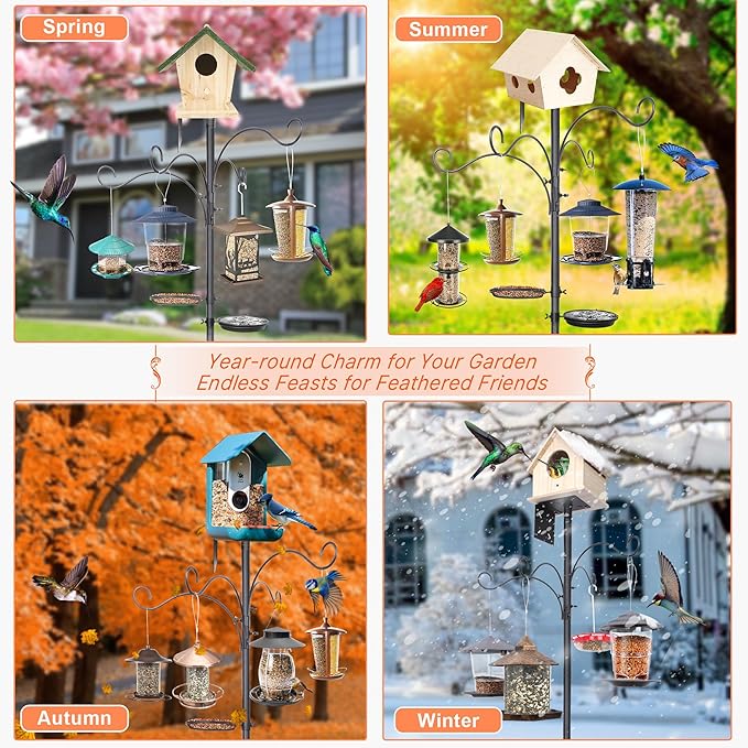 eWonLife 92 Inch Bird Feeder Pole with Squirrel Baffle & Upgraded 9-Prong Base, Adjustable Bird House Pole for Outdoors Heavy Duty, Bird Feeder Stand Post Station with 4 Shepherd Hooks, Birdbath, Tray
