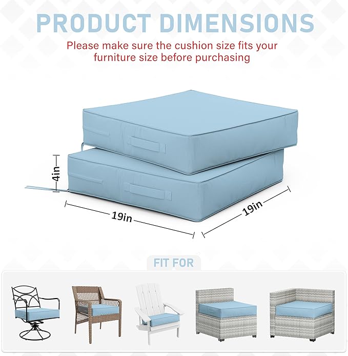 Patio Chair Cushions 19 X 19 X 4 Inch Waterproof Outdoor Seat Cushions for Patio Furniture, Outdoor Sofa Couch Pads with Ties & Handle, Set of 2, Light Blue