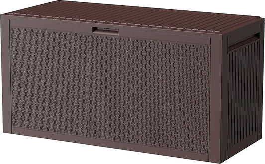 90 Gallon Resin Deck Box, Weatherproof Outdoor Storage Box for Patio, Garden, Pool, and Yard, Lockable Waterproof Bin for Tools, Cushions, and Accessories, Brown