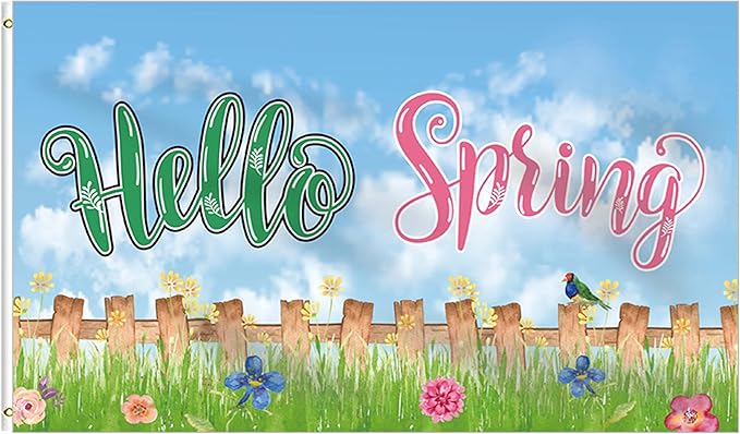 Hello Spring Birds with Flowers Home Flag 3x5 Ft,Seasonal Welcome Home Flower Spring Sweet Farmhouse Rustic Home Décor House Flag Seasonal Holiday Party Polyester Outdoor Decor with Brass