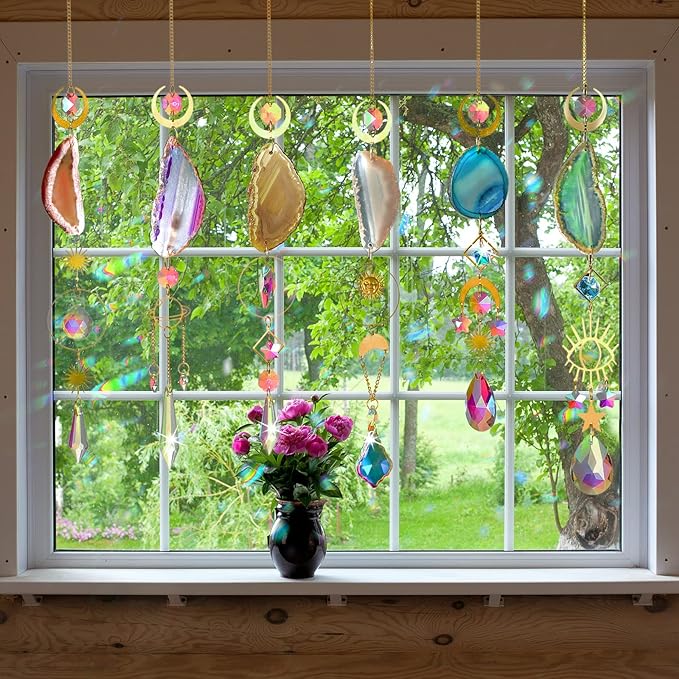 Maitys 6 Pcs 6 Pcs Crystal Suncatcher Sun Catchers Indoor Window Hanging Sun Catchers with Light Catcher with Prisms and Agate Slices for Indoor Outdoor Home Garden Wedding Decor (Colorful Crystal)