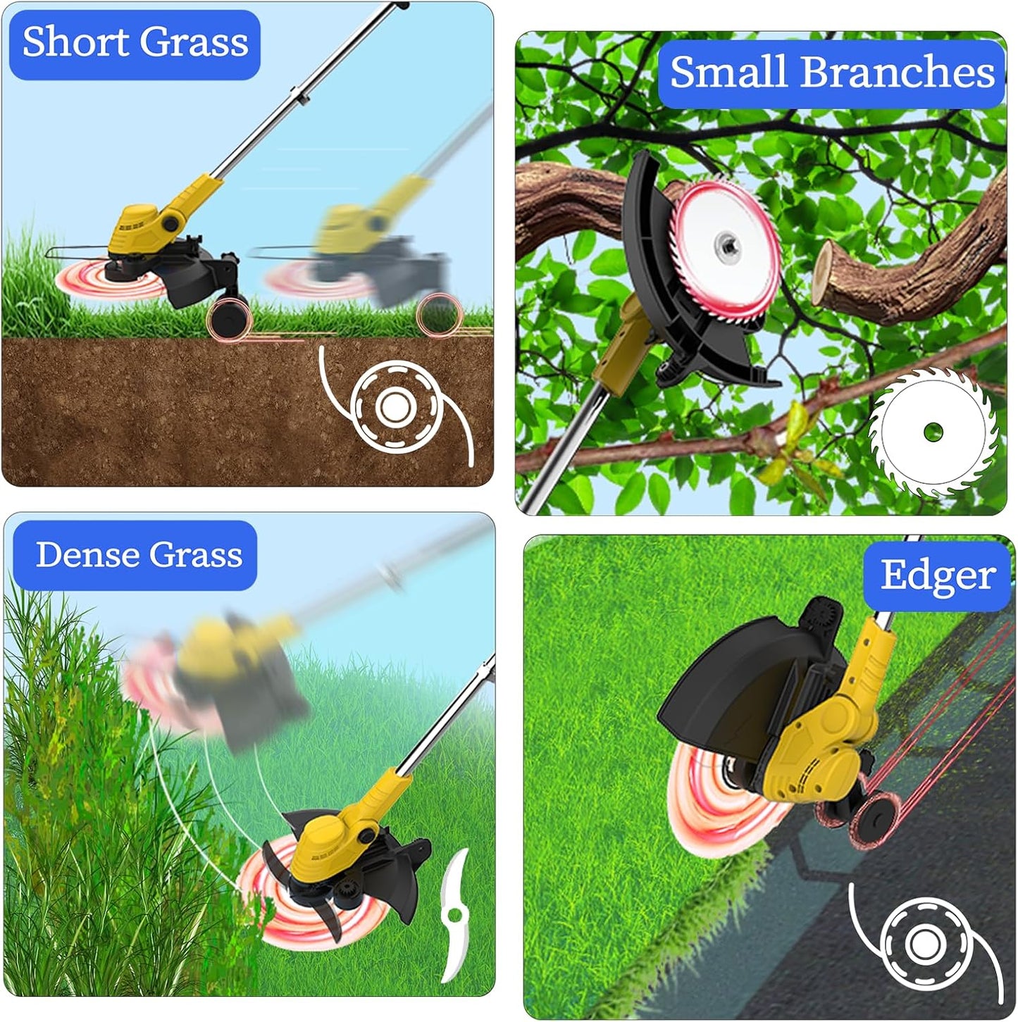 20000 RPM(6.0AhX2) Electric Weed Wacker,Dual-Durable-Line,Metal Blades,Wheel,4-in-1 Battery Powered Weed Eater Cordless+String Trimmer+Edger Lawn Tool+Brush Cutter,Weed Whacker