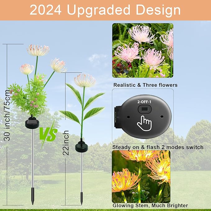 2 Pack Solar Garden Lights Outdoor, Solar Flower Lights for Yard with 2 Lighting Modes, Glowing Flowers & Stems, Auto ON/Off Outdoor Light for Garden Decoration,Yard Decor and Gift for Mother