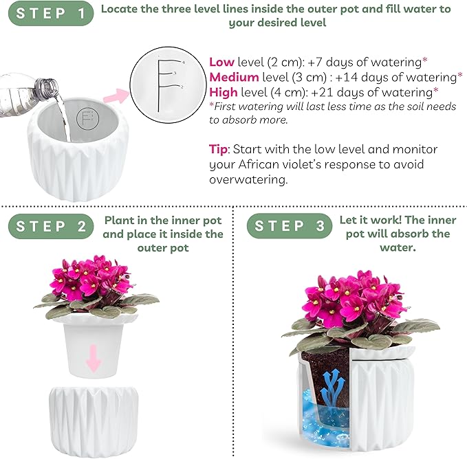 6 inch Self Watering Pot for Indoor Plants, African Violet Pot Ceramic, Flowers Planter (4 inch Opening), Holds 3 Weeks of Water (2 Pack White)