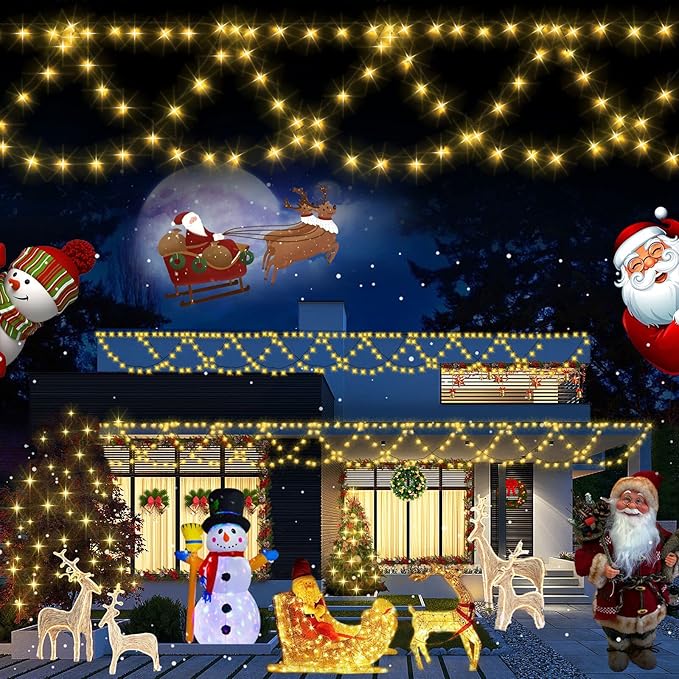 Christmas Decor 380 LED Outdoor Christmas Lights for House 34Ft/10M Warm White Christmas String Lights Outside Xmas Lights Indoor Outdoor for Eaves Yard Garden Decor[8 Modes,Extendable,ETL Listed]
