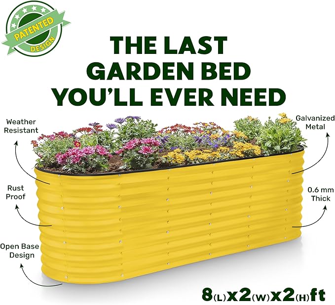 Galvanized Raised Garden Beds Outdoor // 8×2×2 ft Planter Raised Beds for Gardening, Vegetables, Flowers // Large Metal Garden Box (Yellow) // Patented Tool-Free Design