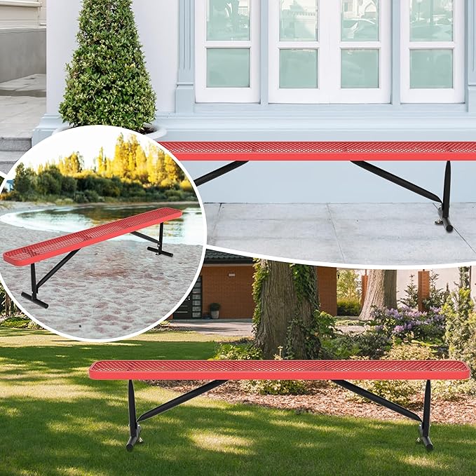 48" L Outdoor Steel Flat Bench, Heavy Duty Metal Park Bench for Outside, Expanded Metal, Commercial Benches Mesh Bench for Shopping Mall, Store, Lawn, Park, Patio, Deck, Garden (Red, 8FT)
