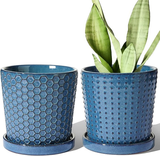 LE TAUCI Ceramic Pots for Plants, 5.5 Inch Plant Pots with Drainage and Saucer, Indoor Plant Pots for Succulents, Snake Plants, Cactus, and More, Set of 2, Reactive Glaze Blue
