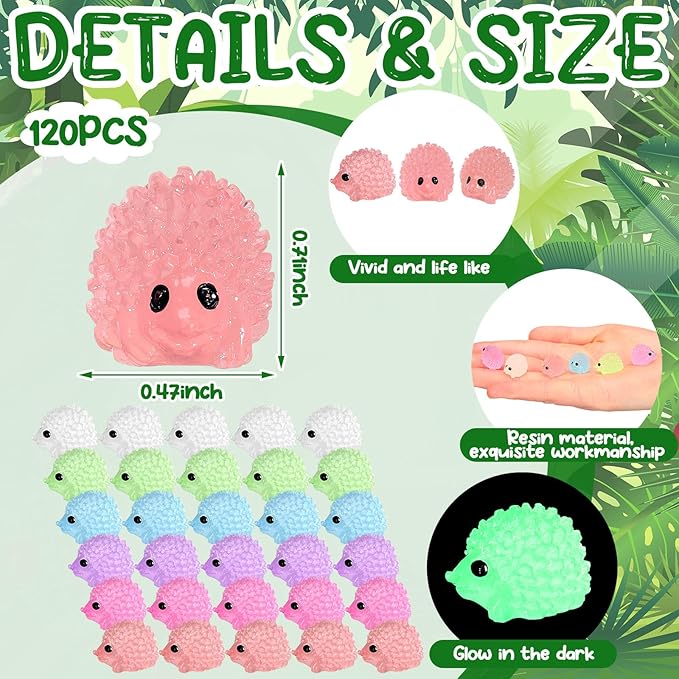 Hiboom 120 Pcs Luminous Mini Hedgehog Figurines Hedgehog Miniature Garden Ornaments Glow in Dark Mini Resin Figures Tiny Animal Figurines Bulk for Garden Micro Landscape Plant Moss DIY Fairy Decor
