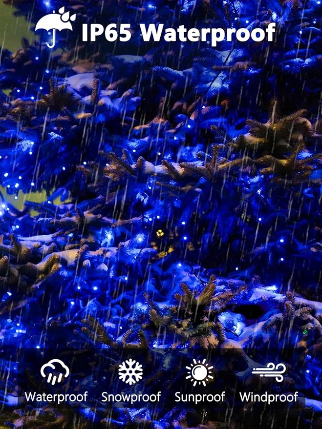 EEW 2-Pack 200 LED Solar String Lights Outdoor, Solar Christmas Lights with 8 Lighting Modes, Waterproof Green Wire Solar Tree Lights for Outside Xmas Wedding Party Garden Patio Decorations (Blue)