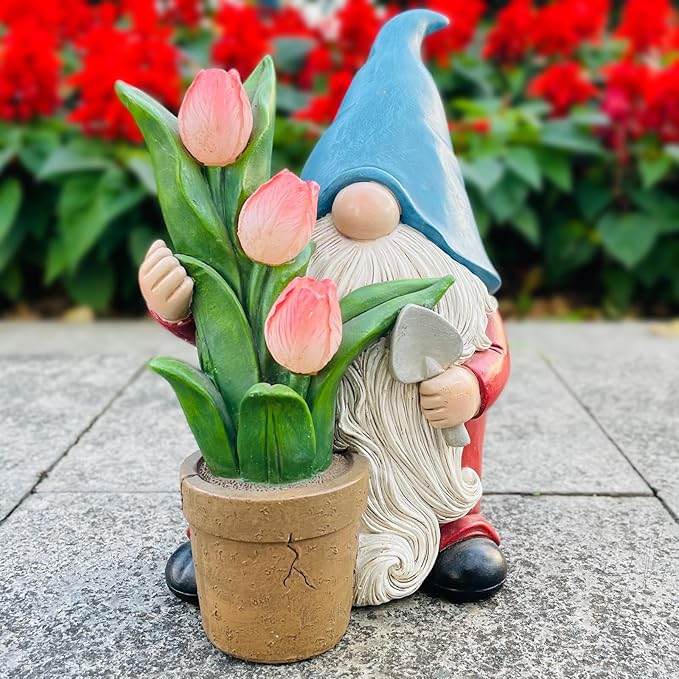 Garden Gnome Statue, Sculpture of a Dwarf Holding a Shovel and a Flower Pot, Solar Gnome Statues Outdoor Decor, Outside Lawn Patio Yard Ornament Gifts