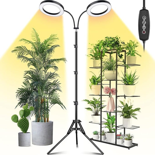 LORDEM Grow Light for Indoor Plants, 7.9" Diameter Dual-Head Plant Light for Plants Growing, Full Spectrum Growth Lamp with Auto Timer 3/6/12H, 4 Dimmable Levels, 3 Lighting Modes, Adjustable Stand