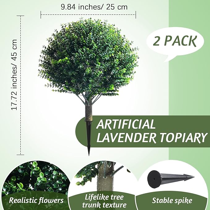 Yunlly 2 Pcs 18 Inch Artificial Boxwood Ball Topiary Tree Fake Outdoor Plants Bush, UV Resistance Faux Shrubs with Spike Realistic Greenery Potted for Indoor Garden Yard Porch Patio Decor (Dark Green)