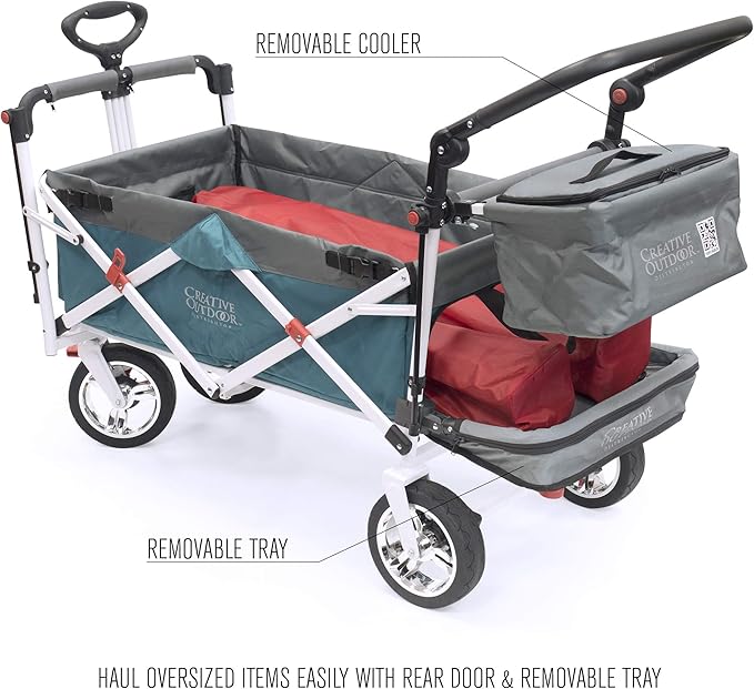 Creative Outdoor Wagon for Kids Push Pull Collapsible Stroller Folding Cart | Silver Series | Beach Park Garden & Tailgate | Teal