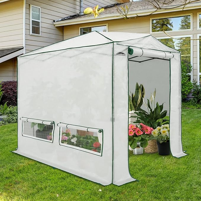 EAGLE PEAK 8x6 Portable Walk-in Greenhouse, Pop-up Indoor Outdoor Garden Green House, Zippered Doors and Windows, Heavy Duty Woven PE Top, White