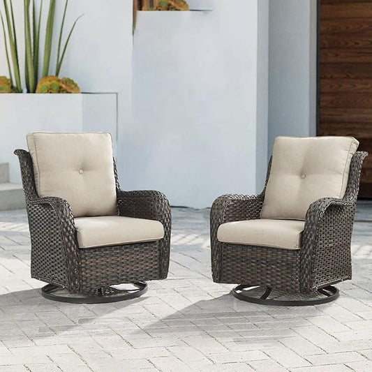 Outdoor Patio Swivel Rocker Chairs - Wicker Rattan Patio Swivel Rocking Chairs Set of 2 with High Back,Deep Seating and Comfort Cushions for Deck Porch Garden,Brown/Beige