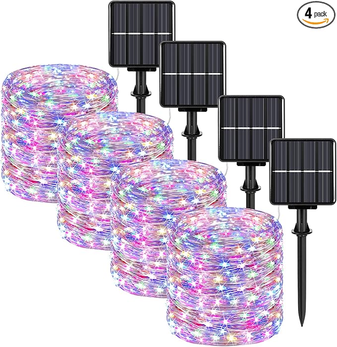 Extra-Long 288FT 800LED Solar Fairy String Lights, 4-Pack 72FT 200 LED Outdoor Twinkle Lights Waterproof, 8 Lighting Modes, Multicolor Silver Wire Lights for Deck Backyard Tree Garden Fence Pool Party