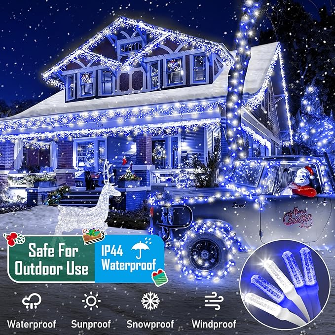Heceltt 1600 LED 630 FT String Lights Outdoor, 8 Modes Christmas Lights, IP44 Waterproof Led String Lights with Timer and Memory for Christmas Home Party Tree Decorations (Blue and White)