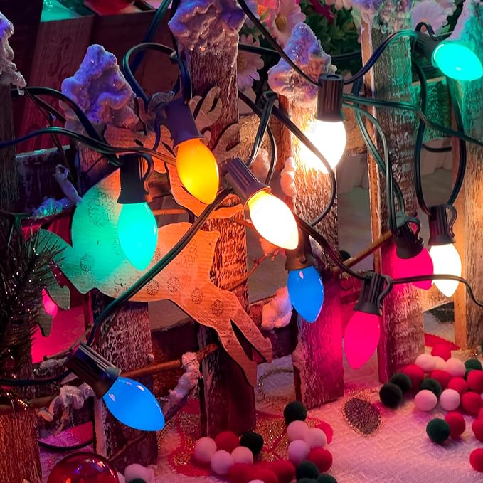 C7 Christmas Lights 25Ft 5 Multicolor Outdoor String Lights with 27 C7 Ceramic Bulbs, Vintage Christmas Decorations UL Listed for Outdoor Indoor Holiday Party Wedding Patio Garden