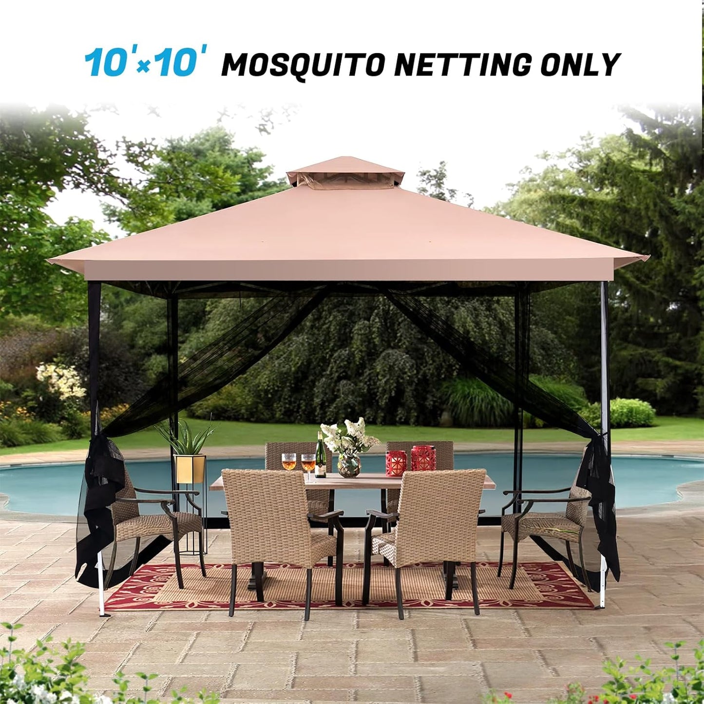 10'x10' Mosquito Netting for Patio with Zipper, Outdoor Replacement Mesh Sidewall Netting for Porch/Patio/Canopy/Gazebo (Mosquito Netting Only, Black)