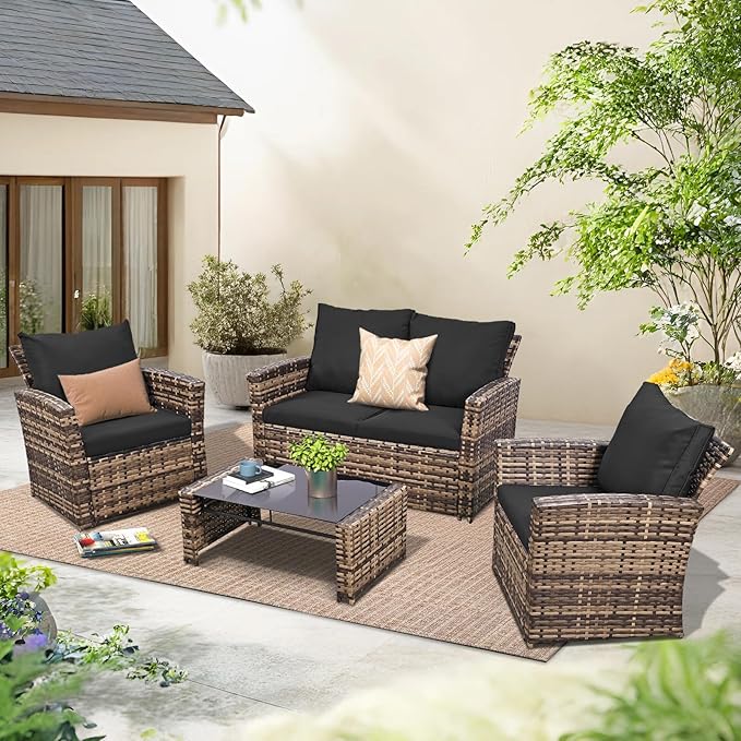 4 Piece Outdoor Patio Furniture Set,Wicker Conversation Sets Outdoor Sectional Patio Sofa Couch with Cushions & Coffee Table for Outside, Garden, Balcony, Porch,Yellow/Black