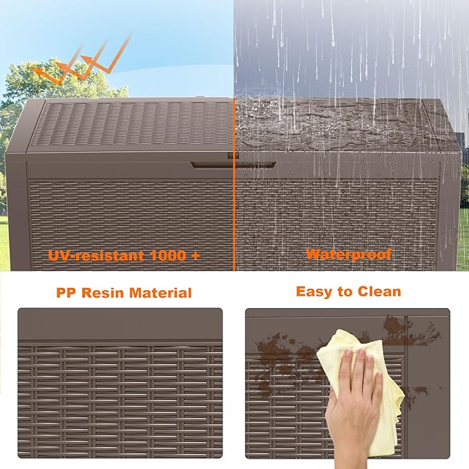 100 Gallon Resin Deck Box, Lockable Patio Outdoor Storage Box for Furniture, Garden Tools and Tools Storage, Waterproof Outside Storage Boxes - Grey