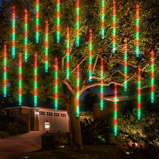 Dazzle Bright Red and Green Christmas Lights, 288 LED 11.8 Inch Meteor Shower Rain Lights with 8 Tubes, Waterproof Plug in Falling Rain Lights Christmas Decorations for Xmas Bushes Tree Yard Party