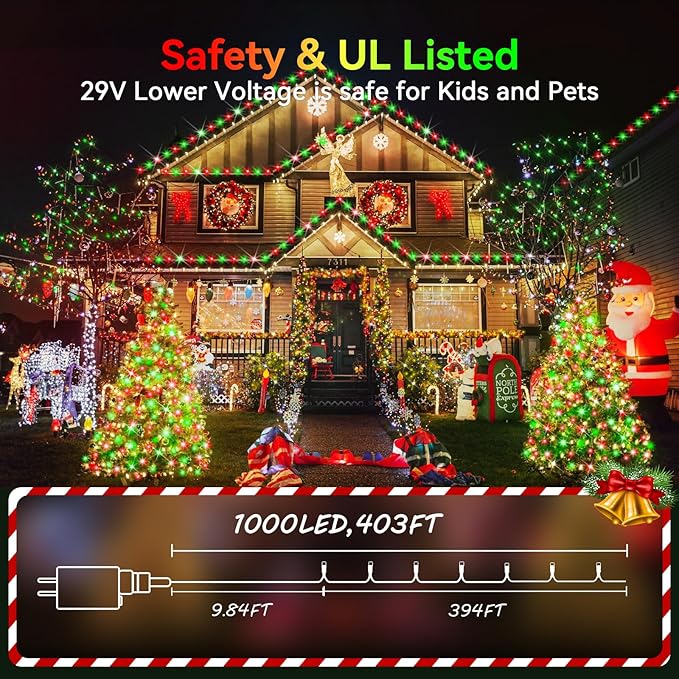 Hezbjiti 2 Pack 1000 LED 403 FT Christmas String Lights Outdoor, 8 Lighting Modes IP44 Waterproof Fairy Lights with Timer and Dimmable Function for Party Tree Decorations (Red+Green, Clear Wire)