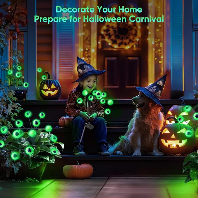 Halloween Solar Lights Outdoor: 4 Pack Upgraded 24 LED Scary Eyeball Lights for Garden Yard Lawn Pathway Landscape Decor, Green Outside Decorations