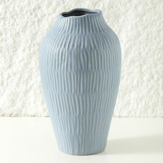 Ceramic Vase for Home Decor,11.6 Inch Flower Vases，Decorative Blue Vase for Pampas Grass，Modern Art Texture Vases for Home Entryway Living Room Dining Table Farmhouse Office Decor-Mat Blue