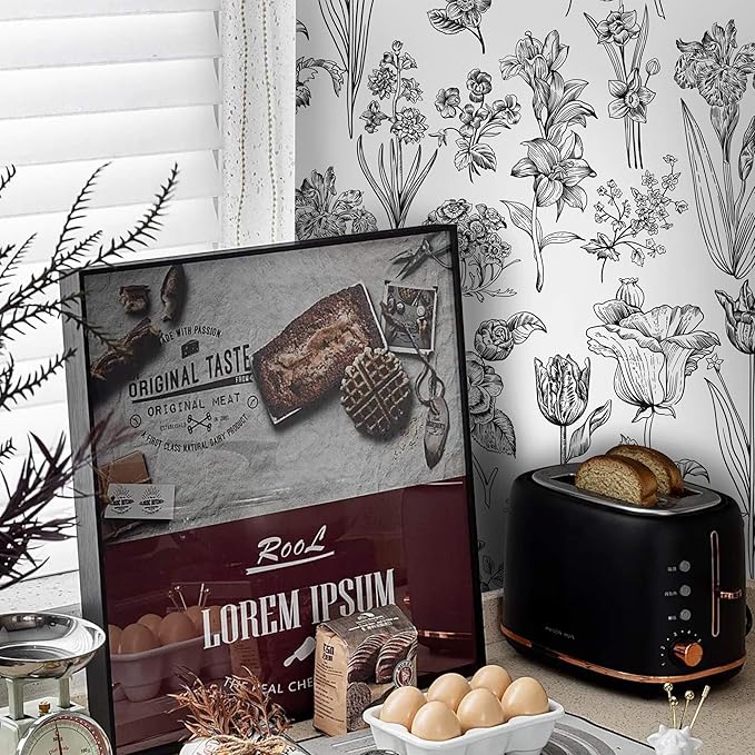 Dimoon 236"x17.3" Floral Peel and Stick Wallpaper White Contact Paper Waterproof Black Lines Wallpaper Vintage Flower Thicken Plant Self Adhesive Removable Wall Covering Shelf Liner Decal Vinyl Roll