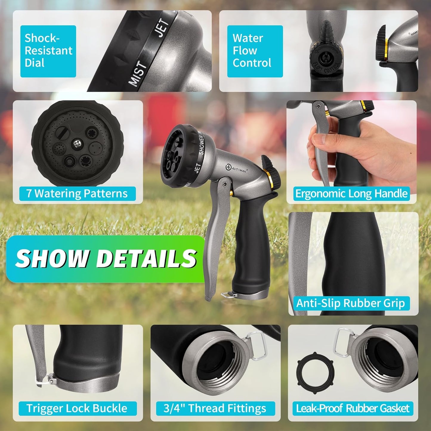 AUTOMAN Garden Hose Nozzle - 2 Pack, 100% Metal High Pressure Spray Nozzle, Labor-Saving Design, Heavy Duty for Garden Watering, Car Washing, Window Cleaning, Pets Bathing