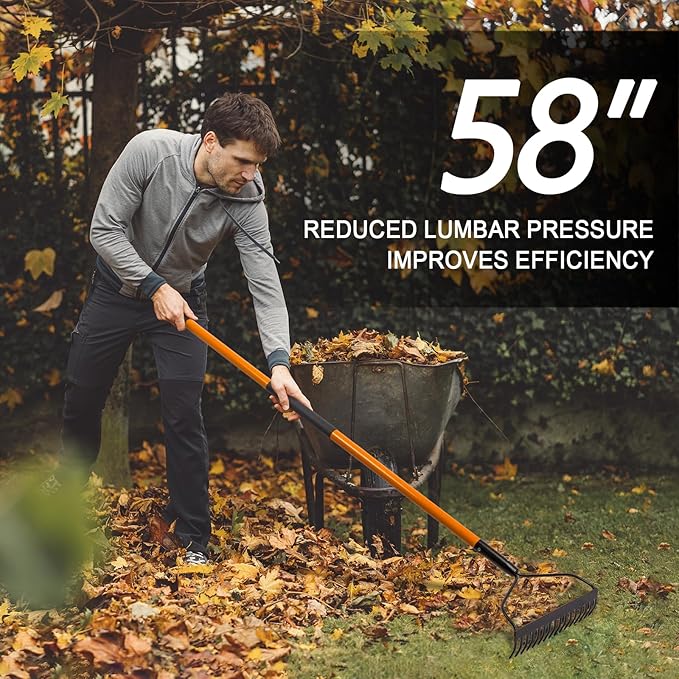 Garden Rake for Gardening, Heavy Duty Garden Rake for Lawns, 14 Tines Bow Rake with Fiberglass Handle, 58 Inches